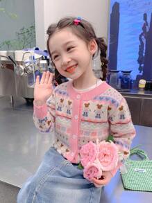 enmi bear Girls' Knitted Cardigan, Fashionable Baby Korean Style, Young Girl Winter Warm Fleece Jacket