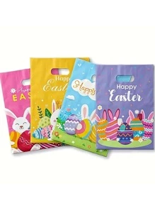 12 件各种复活节彩蛋和兔子图案塑料手提袋，多色，可爱兔子元素，节日礼品袋，适合复活节庆祝活动