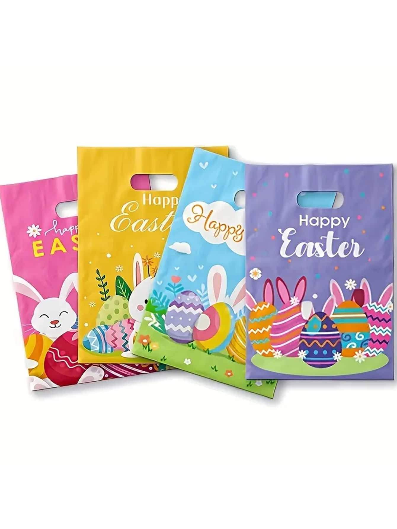 12 件各种复活节彩蛋和兔子图案塑料手提袋，多色，可爱兔子元素，节日礼品袋，适合复活节庆祝活动