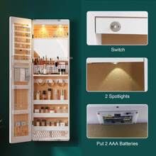 HNEBC LED 镜面珠宝柜，47.2 英寸壁挂式珠宝收纳柜，带全身镜，门上悬挂式珠宝柜储物柜，折叠梳妆台，2 个抽屉，可上锁，3 个架子，化妆品收纳架，适合返校季