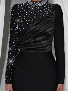 Modphy New Black Sexy Pleated Heavy Pearl Decorated Long Sleeve Fitted Long Tube Dress Wedding Party Evening Gown - Black - View 9