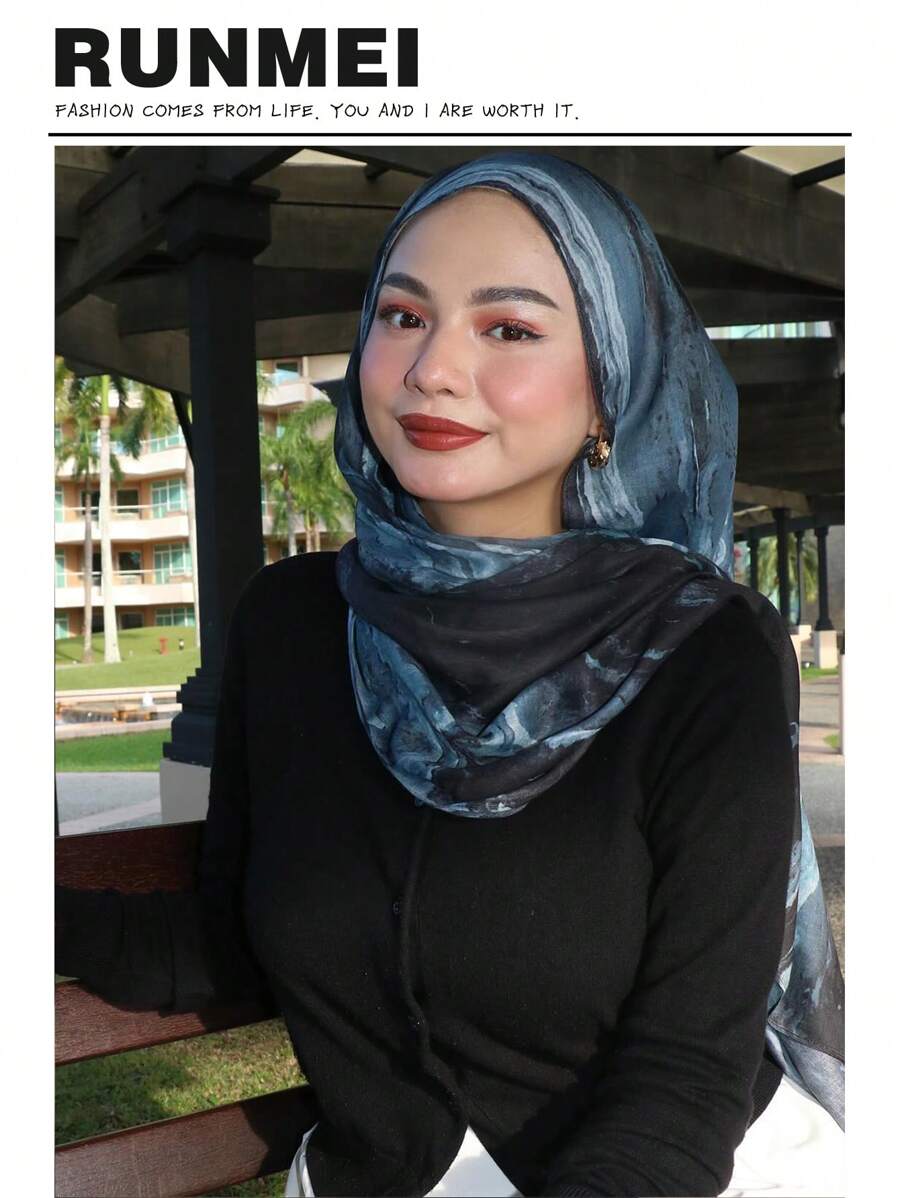 1件新款印花水彩头巾，高级渐变大理石水纹印花，优雅女士头巾，柔软材质，多功能防晒/防风头巾披肩，适合日常生活/节日派对/宴会场合，可作为长袍配饰。