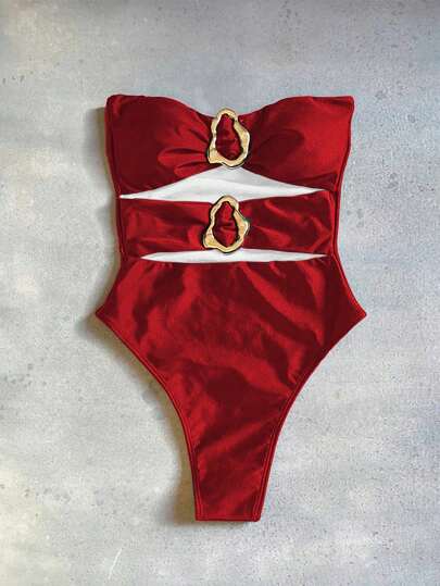 New Arrival Spring/Summer Elegant Sexy Hollow-Out Red Women's Fashion Spaghetti Strap One-Piece Swimsuit, Suitable For Beach, Vacation, Party, Date