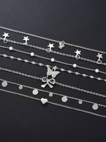 17KM 7pcs/Set Heart, Butterfly, Star, Bow Charm Necklace Set For Women, Suitable For Vacation, Date, Daily Wear & Gift - Silver - View 5