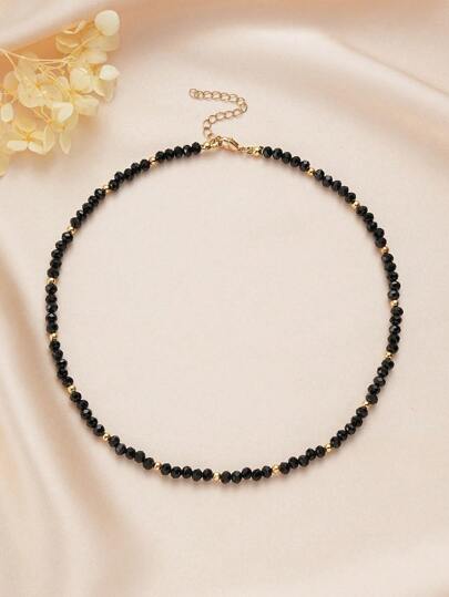 1pc Black Glass Crystal And Gold Colour Beads Choker Necklace For Women, Simple Dainty Beaded Necklaces For Teen Girls Preppy Jewelry