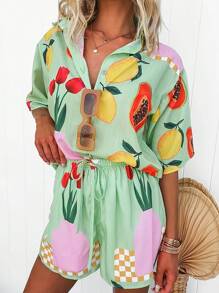 Conjunto de camisa holgada y pantalones cortos con cintura elástica con estampado de frutas exclusivo de Summer Days - Multicolor - Ver 1
