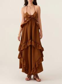 Women Y2K Summer Boho Long Dress Sleeveless Deep V Neck Halter Neck Layered Ruffle Maxi Dress Flowy Swing Beach Dress - Rust Brown - View 5