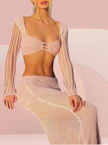 Women Summer Bikini Coverups 2pcs Outfit Set Beachwear Long Dress Crochet Knit Hollow Out Long Sleeve Off Shoulder Crop Top + Long Maxi SkirtsSexy Sundress Swimsuit Cover Ups - Pink - View 9