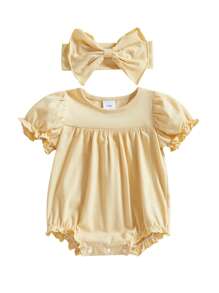 Baby Girl Summer Outfits Short Puff Sleeve Round Neck Solid Color Romper With Headband Set Newborn Clothes - Yellow - View 1