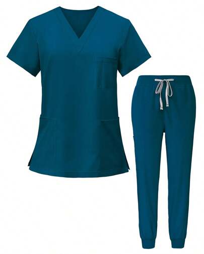 DEESTE Ropa de trabajo elástica para mujer, Uniforme de ropa de trabajo para mujeres, traje transpirable lavable a mano con bolsillos, Uniformes de Enfermera Señoras Color Sólido Bolsillo de Manga Corta Conjunto de Uniforme de Enfermera, Uniformes Quirúrgicos para Chequeos Médicos, Uniformes de Trabajo para Peluquería Canina, Uniformes de Nutricionista Cremallera Delantera