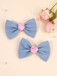 2 件装女童简约牛仔发夹粉红玫瑰蝴蝶结鳄鱼夹春假发夹简约可爱女童小辫蝴蝶结发夹儿童发饰