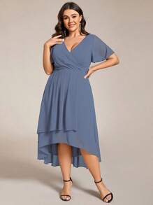 Plus Size Women Chiffon Ruffle Hem Solid Color Elegant High-Low Bridesmaid Dress - Dusty Blue - View 5