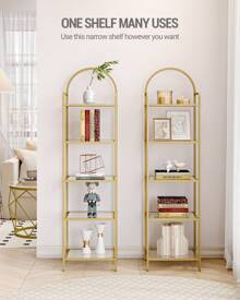 HEXCELEN Bookcase Bookshelf, Tempered Glass Bookshelves, Slim Shelving Unit For Bedroom, Bathroom, Home Office, Steel Frame, Home Decor, 4 Tier,5 Tier, 6 Tier Gold - 金色 - 查看 5