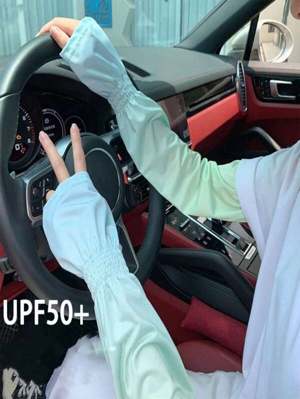 1 par de mangas largas elásticas y transpirables de seda de hielo delgadas con protección solar gradiente, cubiertas para los brazos contra los rayos UV, guantes para ciclismo y conducir