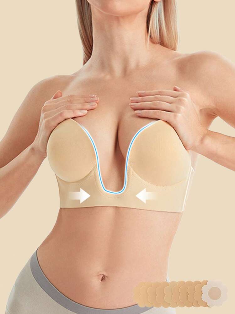 Women's Deep U Plunge Strapless Backless Sticky Underwire Push Up Adhesive Bra - Multicolor - View 2