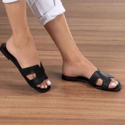 Sandália Rasteira Em H Feminina Preta Leve Confortável Estilosa Luxo