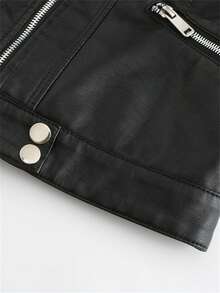 女式短款仿皮夹克，春/秋，立领，薄皮摩托车夹克，D02 - 黑色 - 查看 9