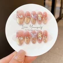 10pcs Handmade Nail Art Decor Set, Almond Shaped Nail Tips With Pink Bowknot Ribbon And 3D Crystal Rhinestones, Suitable For Manicure, Student, Pregnant Women, Daily Wear And Party, With Jelly Gel Press On Nails