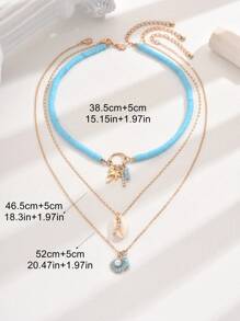3pcs Bohemian Beach Vacation Style Starfish, Shell, Flower, Palm Tree Random Soft Ceramic Multilayer Necklace For Women (Avoid Contact With Water) - Blue - View 4