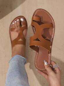 女士新款时尚凉鞋拖鞋休闲沙滩户外系带人字拖平底沙滩凉鞋，米色、橙色、黑色、棕色 - 棕色 - 查看 7