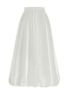 女士泡泡裙，松紧腰带，带口袋，纯色A字长裙，白色，春季款 - 白色 - 查看 5