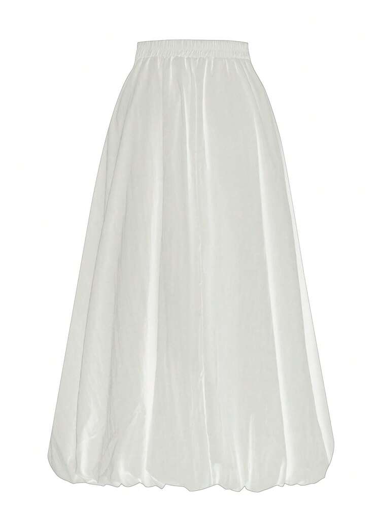 女士泡泡裙，松紧腰带，带口袋，纯色A字长裙，白色，春季款 - 白色 - 查看 4