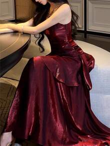 Burgundy Ruffle Hem Party Formal Dress, Shiny Red Concert Outfit, Elegant Spaghetti Strap Bridesmaid Wedding Birthday Homecoming Dress, Summer & Autumn