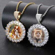 Customized Hip Hop Inlaid Large Zirconia Round Photo Pendant Creative DIY Pendant Photo Frame Necklace Jewelry Gift - White - View 1