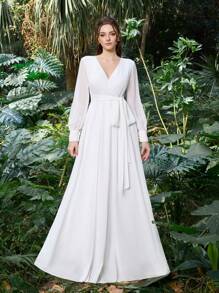Chic Bridal Gown With Long Sleeve Deep V Neck & Belted Waist In Polyester Chiffon | Guest Dress For Wedding Showers, Botanical Garden Events, And Nature-Inspired Weddings,Bride