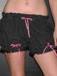 Women's Puffy Shorts Dot Pattern Bow Design Ruffled Low Rise Ruffle Shorts For Summer Vacation - Black - View 3