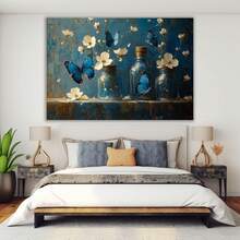 Flower Art Print On Canvas, Blue Butterflies And Small White Flowers In A Glass Bottle Watercolor Botanical Canvas Painting Poster With Frame, Suitable For Living Room, Studio Hallway, Art Exhibition, Perfect Birthday Gift, (White)