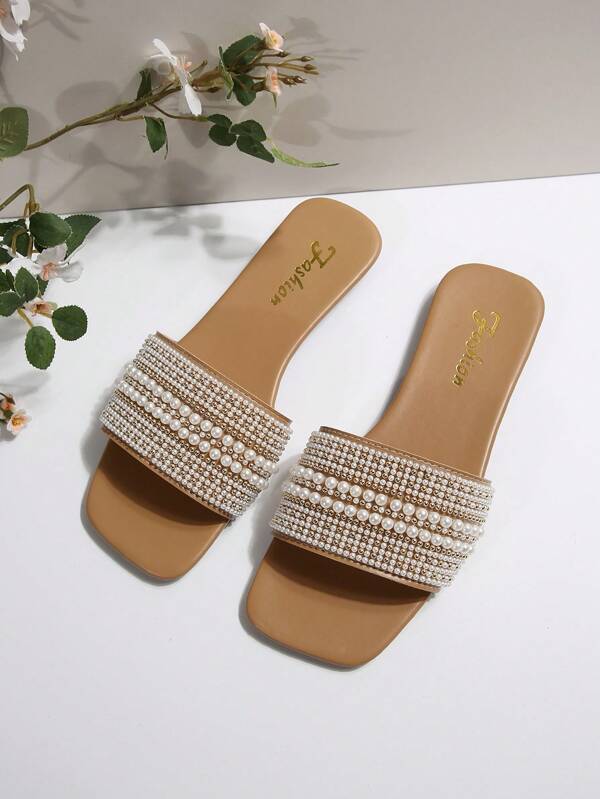 大码女式平底凉鞋，度假风格夏季休闲百搭水钻装饰拖鞋