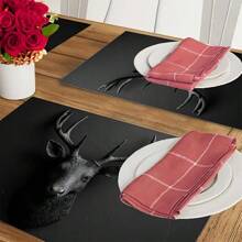 1/2/4/6/8 件鹿形餐垫，3D 哑光黑色涤纶编织矩形桌垫，可机洗，适用于厨房、婚礼、周年纪念、节日派对 - 12 英寸 X 18 英寸