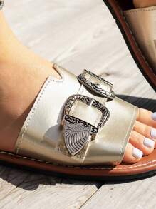 WRCVS White Women's Sandals, Solid Color Stripe, Young Style, Leather Buckle, Sexy Open Toe, Lightweight Flat, Adjustable Strap , Convenient For Party, Beach