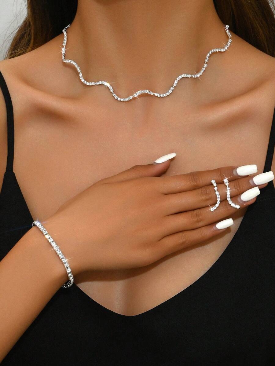 3 件几何铜新娘水钻项链、耳环和手链套装、婚礼派对礼服配饰