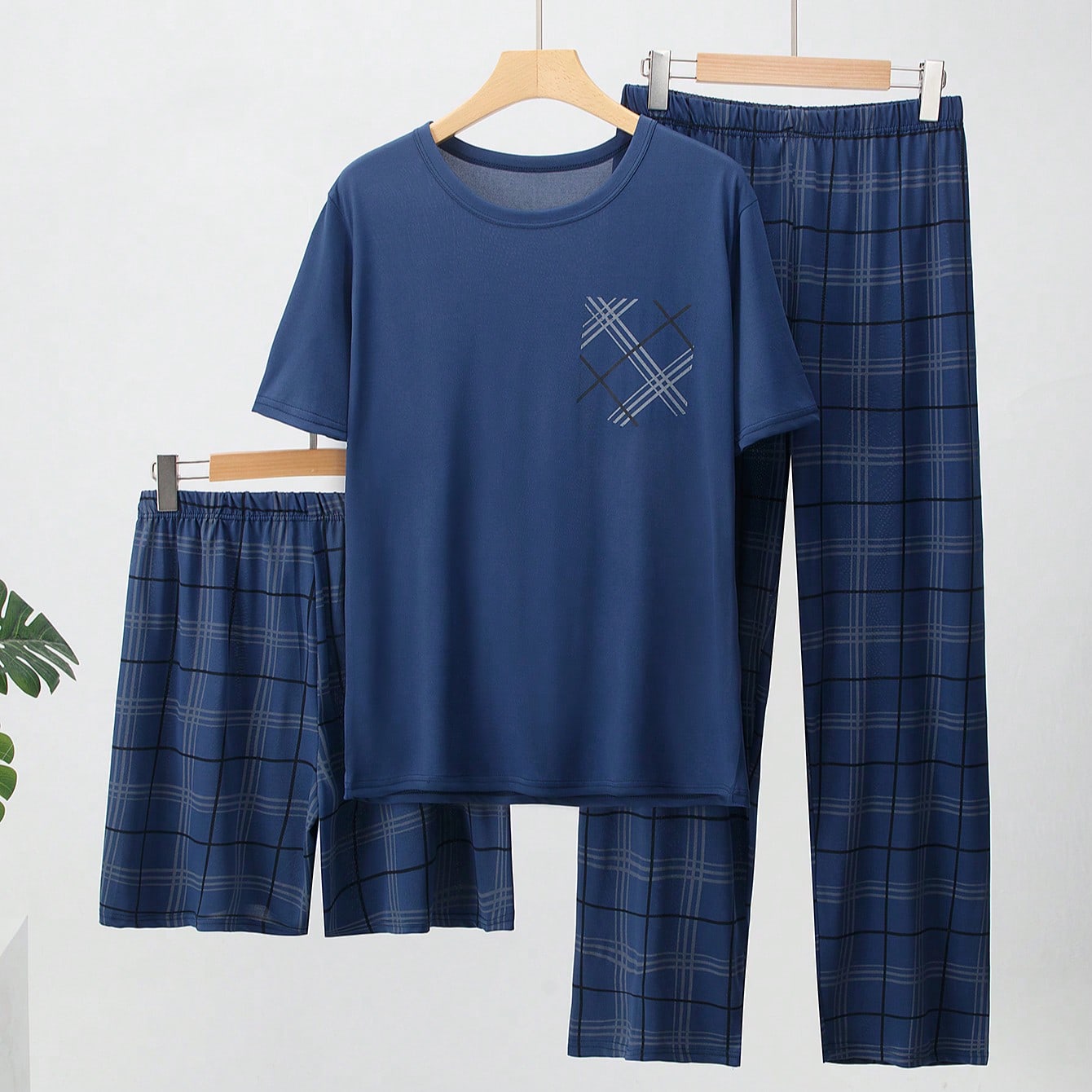 Conjunto de pijama ligero para hombre de 3 piezas, camisa de manga corta y pantalones cortos o pantalones, conjunto de ropa de dormir de verano a cuad