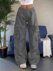 街头高腰翻盖口袋抽绳腰部弹性下摆褶饰休闲阔腿降落伞工装裤