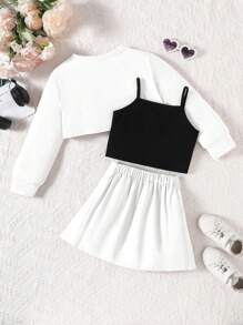 3 件套女童春夏时尚长袖连帽披肩和字母印花吊带背心和百褶裙，早春返校季最佳礼物