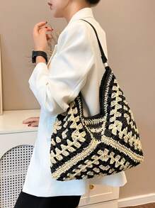 Geantă de umăr boemă din paie pentru femei, geantă tote de plajă de designer vintage, potrivită pentru vacanță, muncă, utilizare zilnică, stil de vară, perfectă pentru ieșirile ocazionale și excursiile pe plajă