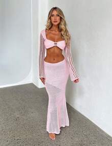Women Summer Bikini Coverups 2pcs Outfit Set Beachwear Long Dress Crochet Knit Hollow Out Long Sleeve Off Shoulder Crop Top + Long Maxi SkirtsSexy Sundress Swimsuit Cover Ups - Pink - View 6