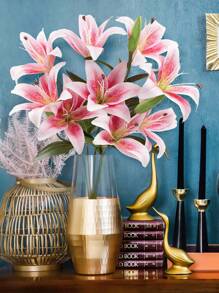 12 Heads Artifical Lily Flowers, Long Stem Artificial Stargazer Lilies With 9 Heads Full Bloom Lily & 3 Lily Buds-Faux Tiger Lily Bouquets For Home Hotel Flower Arrangement Party Wedding Decor Gift - 粉色 - 查看 1