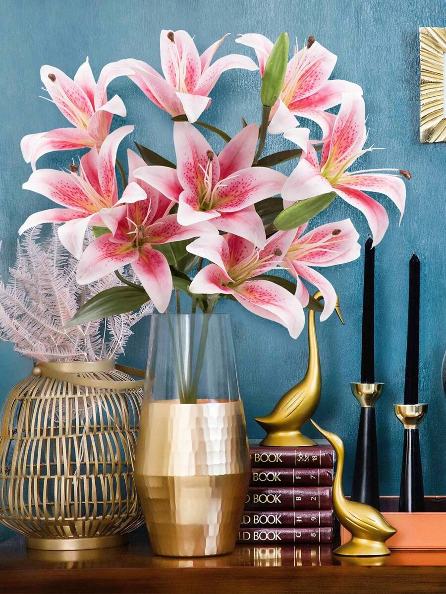 12 Heads Artifical Lily Flowers, Long Stem Artificial Stargazer Lilies With 9 Heads Full Bloom Lily & 3 Lily Buds-Faux Tiger Lily Bouquets For Home Hotel Flower Arrangement Party Wedding Decor Gift - 粉色 - 查看 1
