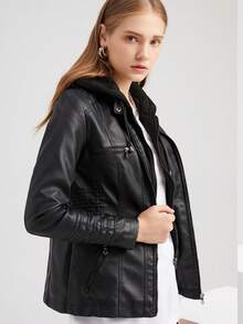 女式休闲连帽拉链皮夹克，带可拆卸兜帽，仿皮外套