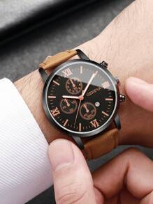 2 件套：男士时尚经典罗马数字表盘石英表和皮带（不含表盒）