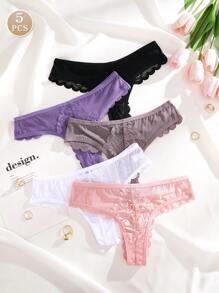 5pcs/Set Romantic Sexy Lace Patchwork & Ruffle Design Women's Thong Panties - Multicolor - View 1