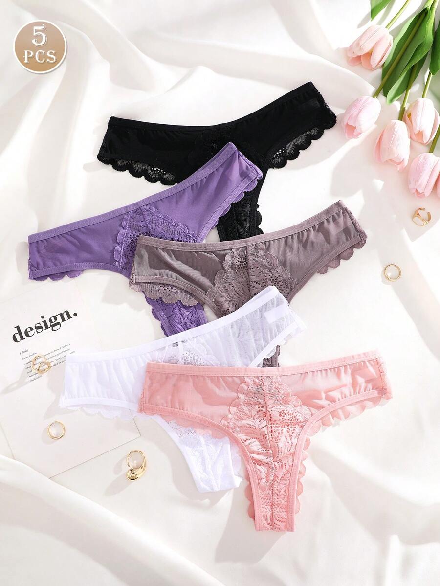 5pcs/Set Romantic Sexy Lace Patchwork & Ruffle Design Women's Thong Panties - Multicolor - View 1