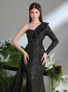 Teen Girl One Shoulder Sequin Side Draped Mermaid Party Dress