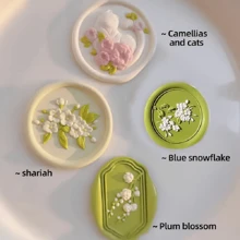 Set de ștampile din ceară din aliaj de aur, 6 bucăți, cu mâner de lemn înlocuibil - pisică cu model de camelie pentru invitații, felicitări, plicuri și ambalaje de cadouri, ștampile, modele florale