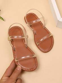 1双儿童棕色凉鞋，透明PU绑带，后跟绑带设计，圆头露趾平底防滑时尚奢华可爱罗马凉鞋，适合3-12岁男孩女孩，日常、派对、旅行，2026夏季款 - 無色 - 查看 5