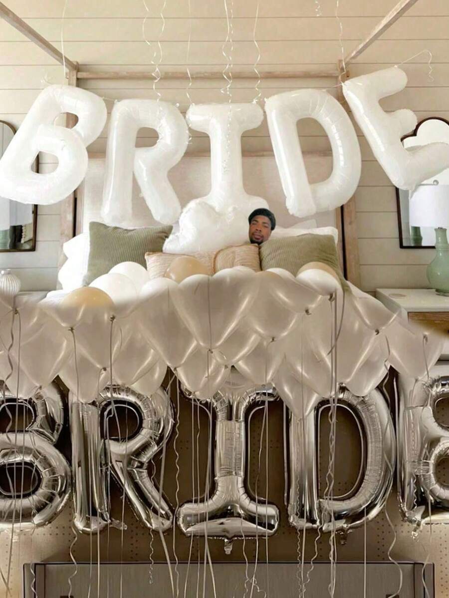 5pcs 16inch White Foil "BRIDE" Letter Balloons Set, Suitable For Bridal Room Decoration, Wedding Venue Decor, Bachelorette Party Photo Props